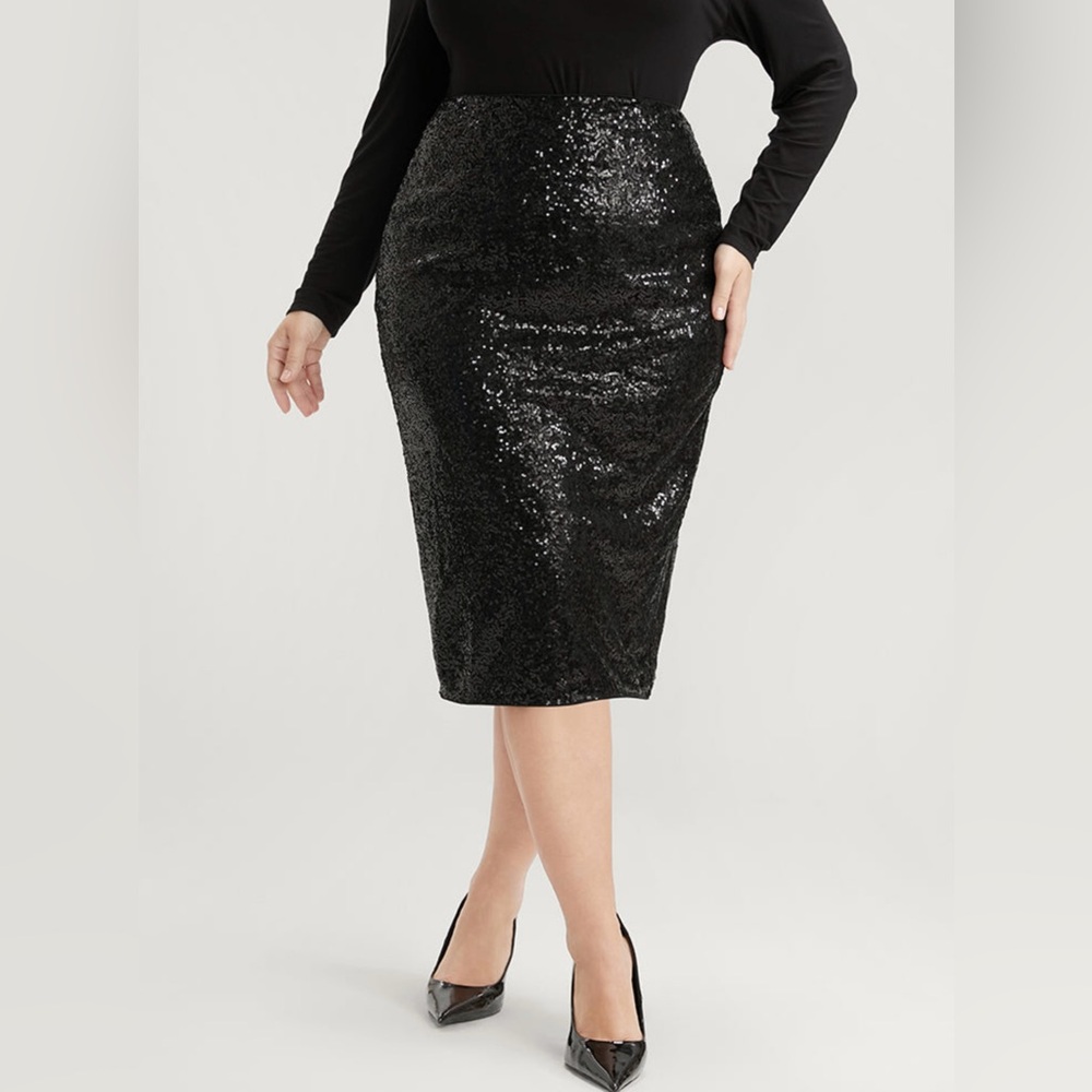 BloomChic Black Solid Sequin Zipper Split Hem Pencil Skirt, Size 14-16, NWT